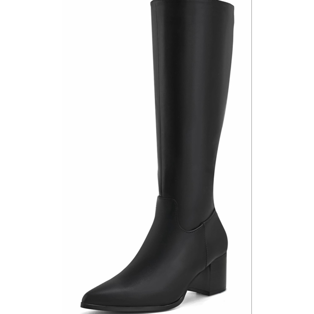 NEW Vegan Leather pointed Toe Mid Chunky heel zipper Knee High Boots 8